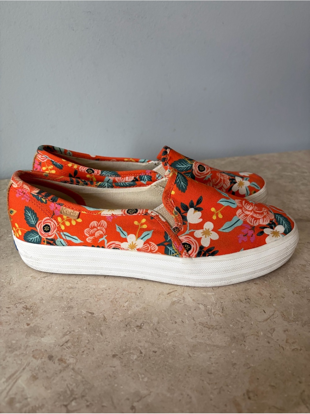 Keds x Rifle Paper Co Triple Decker Shoes Sz 9.5 Orange Floral Slip On Sneakers